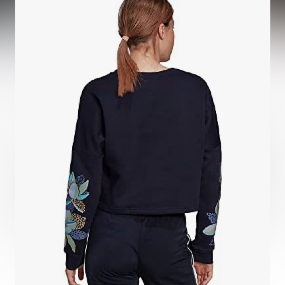 Adidas X Farm Rio Cropped Floral Fleece Logo Sweatshirt Loose Size medium Navy - Picture 4 of 10